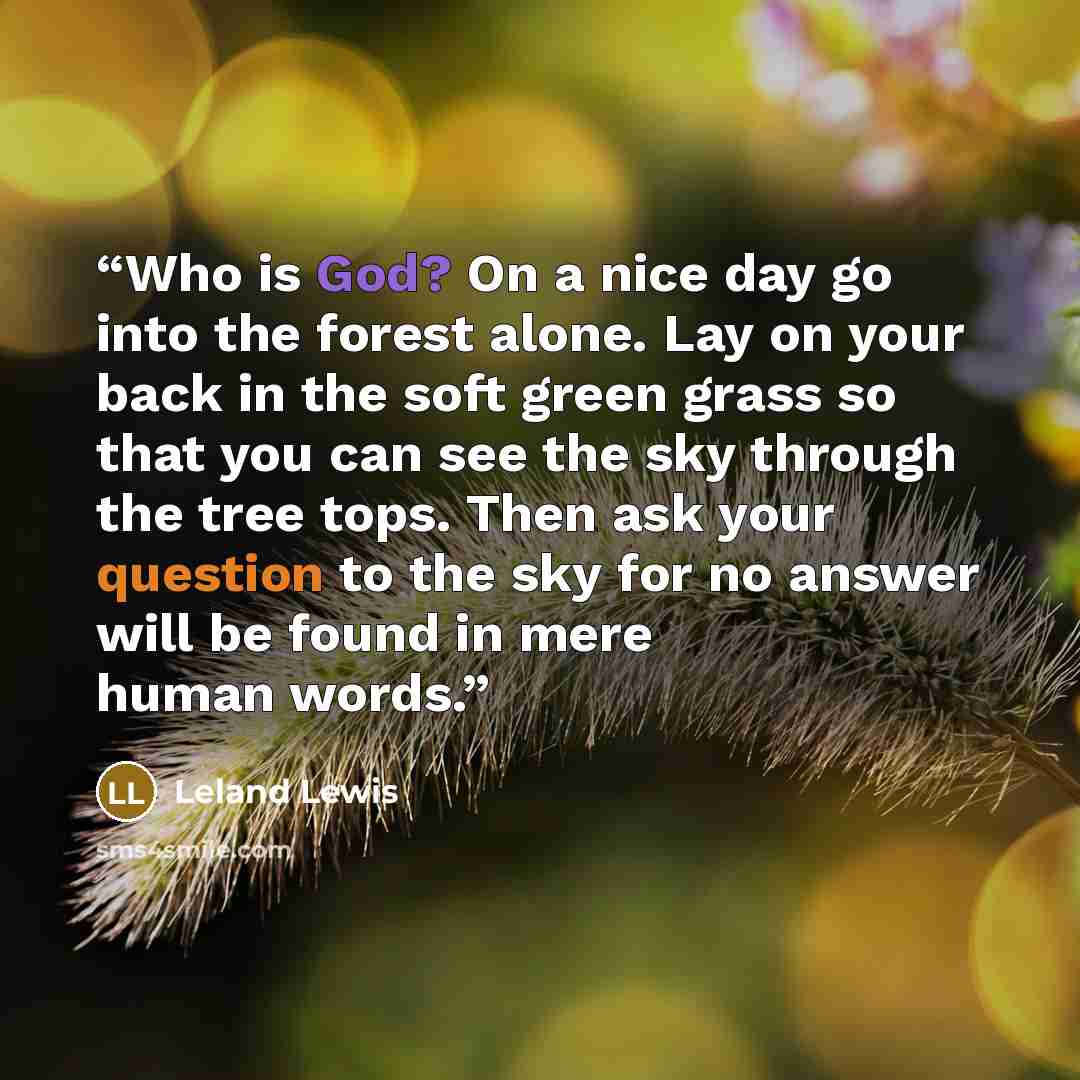 “Who is God? On a nice day go into the forest alone. Lay on your back in the soft green grass so that you can see the sky through the tree tops. Then ask your question to the sky for no answer will be found in mere human words.” quote by Leland Lewis