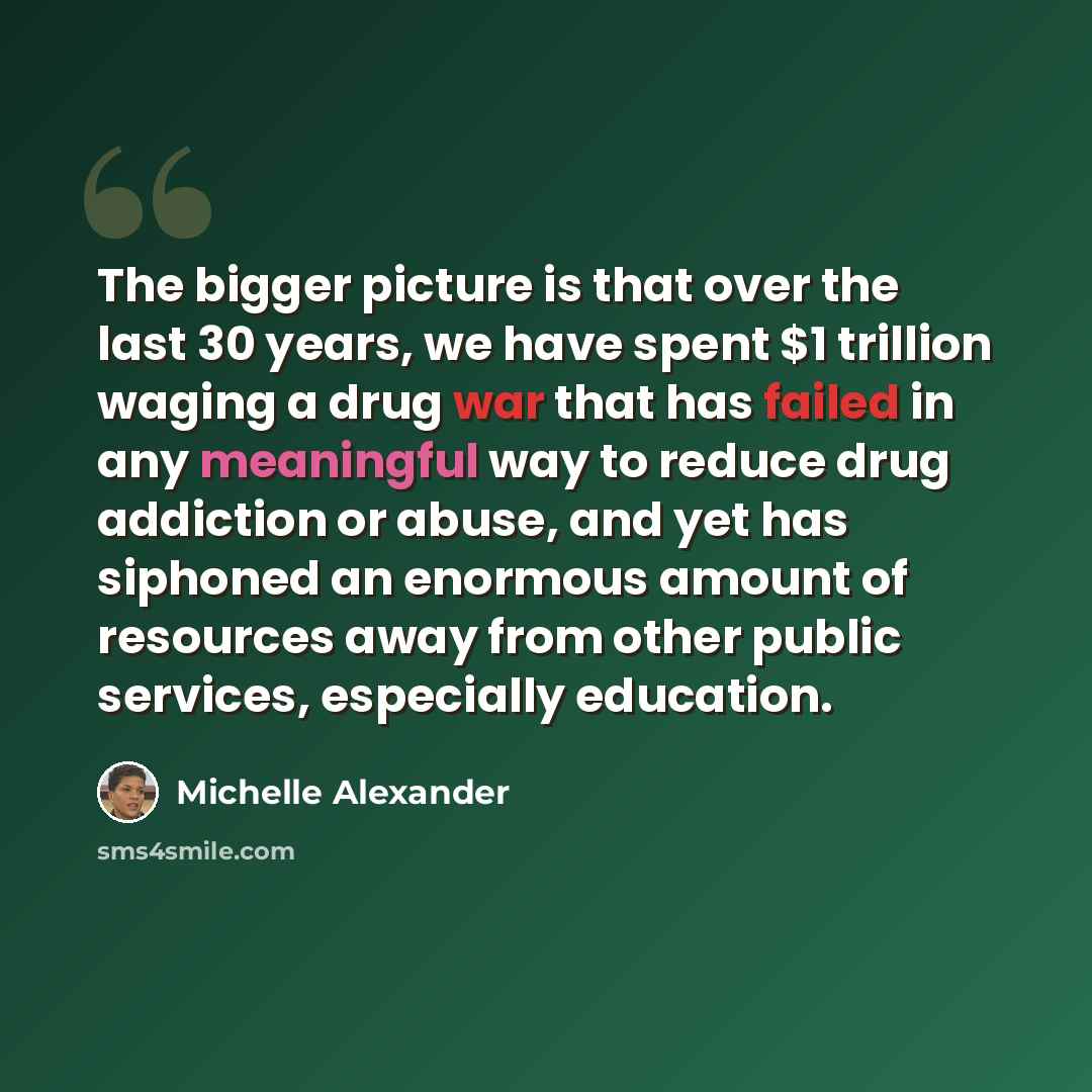 “The bigger picture is that over the last 30 years, we have spent $1 trillion waging a drug war that has failed in any meaningful way to reduce drug addiction or abuse, and yet has siphoned an enormous amount of resources away from other public services, especially education.” quote by Michelle Alexander