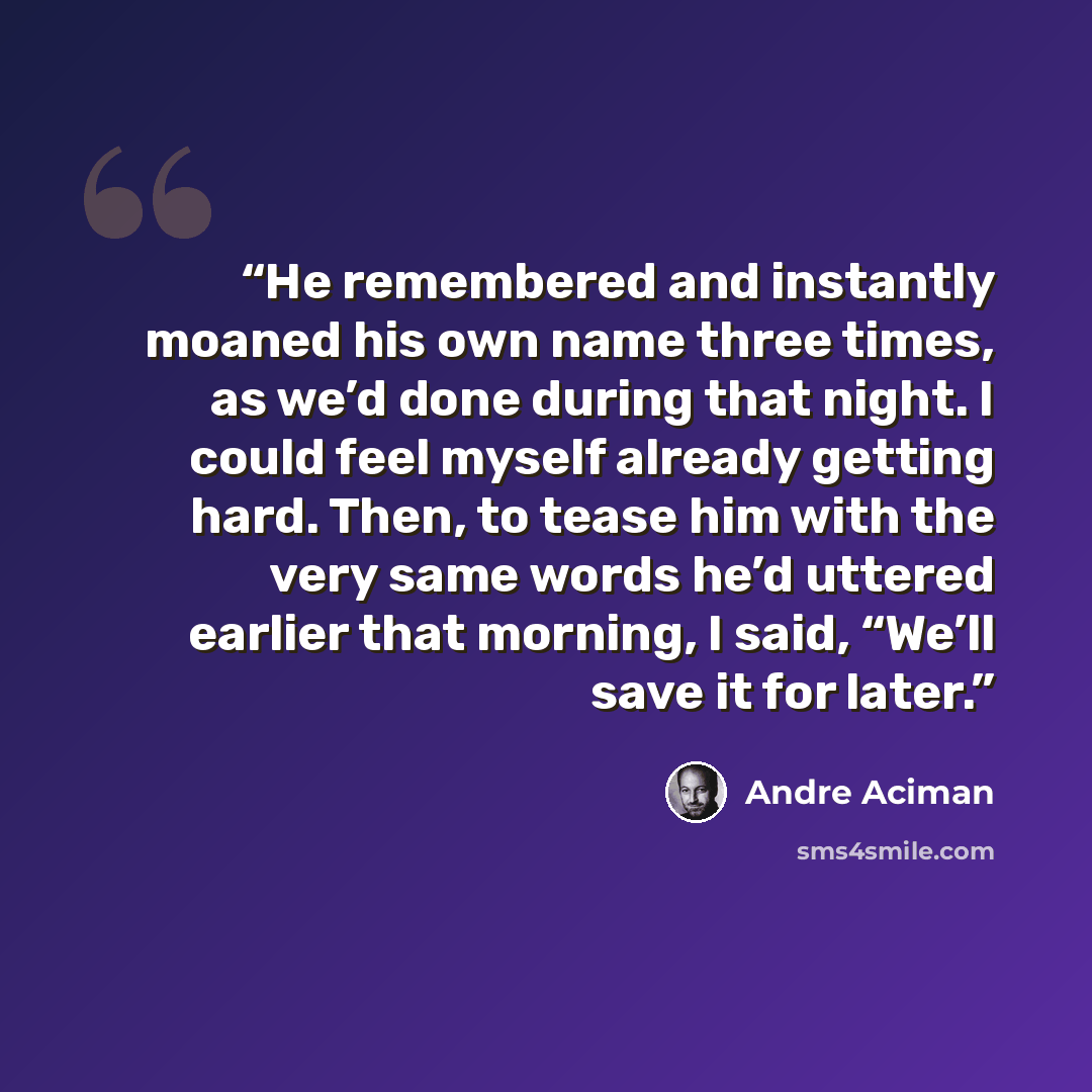 “He remembered and instantly moaned his own name three times, as we’d done during that night. I could feel myself already getting hard. Then, to tease him with the very same words he’d uttered earlier that morning, I said, “We’ll save it for later.” quote by André Aciman