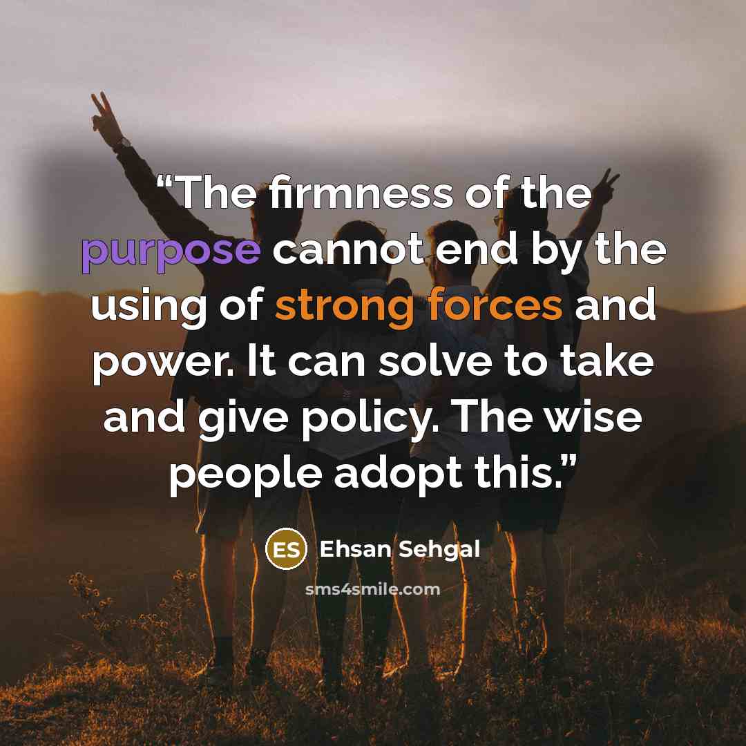 “The firmness of the purpose cannot end by the using of strong forces and power. It can solve to take and give policy. The wise people adopt this.” quote by Ehsan Sehgal