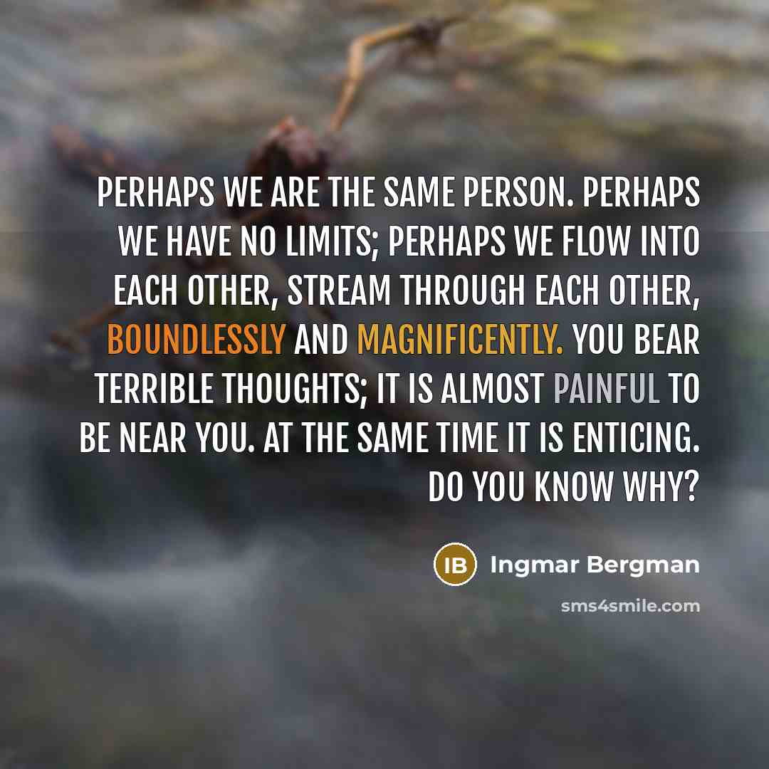 “Perhaps we are the same person. Perhaps we have no limits; perhaps we flow into each other, stream through each other, boundlessly and magnificently. You bear terrible thoughts; it is almost painful to be near you. At the same time it is enticing. Do you know why?” quote by Ingmar Bergman