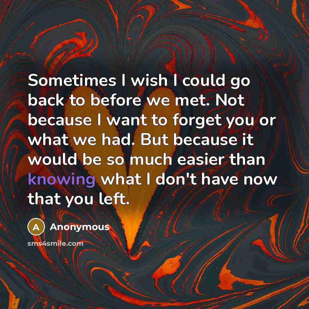 “Sometimes I wish I could go back to before we met. Not because I want to forget you or what we had. But because it would be so much easier than knowing what I don't have now that you left.” quote by Anonymous