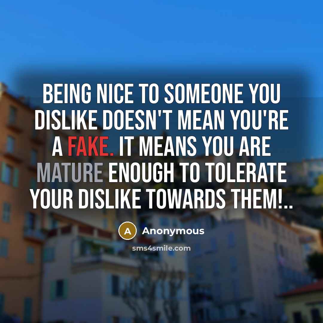 “Being nice to someone you dislike doesn't mean you're a fake. It means you are mature enough to tolerate your dislike towards them!..” quote by Anonymous