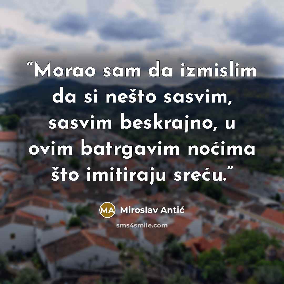 “Morao sam da izmislim da si nešto sasvim, sasvim beskrajno, u ovim batrgavim noćima što imitiraju sreću.” quote by Miroslav Antic