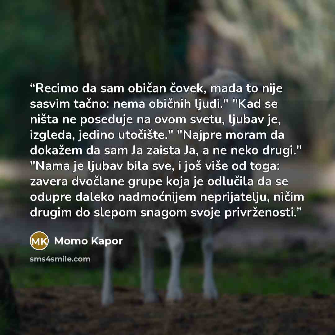“Recimo da sam običan čovek, mada to nije sasvim tačno: nema običnih ljudi." "Kad se ništa ne poseduje na ovom svetu, ljubav je, izgleda, jedino utočište." "Najpre moram da dokažem da sam Ja zaista Ja, a ne neko drugi." "Nama je ljubav bila sve, i još više od toga: zavera dvočlane grupe koja je…” quote by Momo Kapor