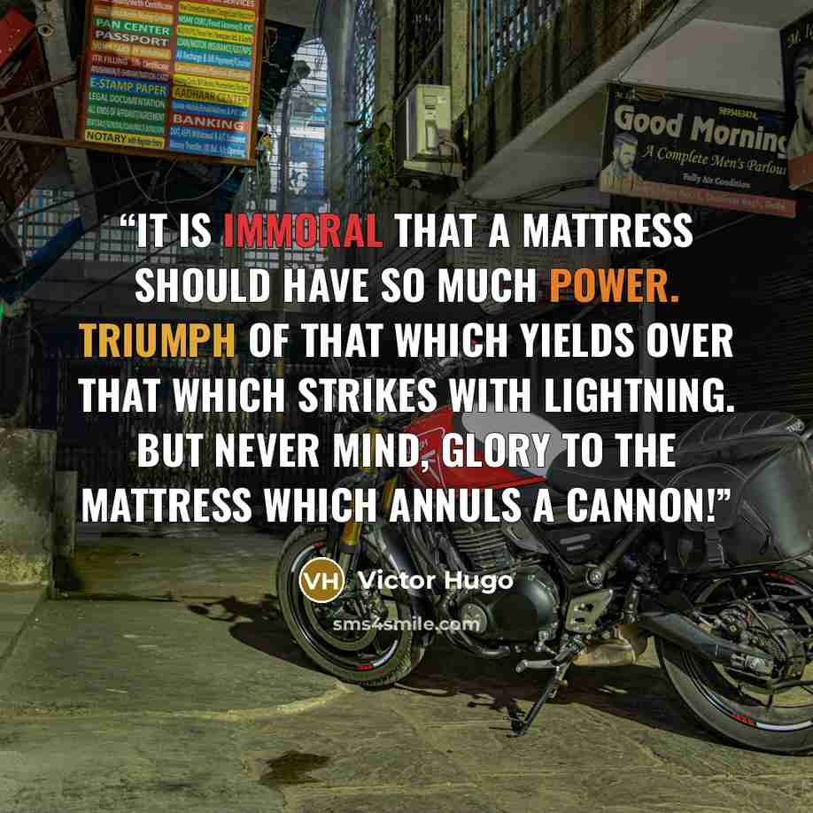 “It is immoral that a mattress should have so much power. Triumph of that which yields over that which strikes with lightning. But never mind, glory to the mattress which annuls a cannon!” quote by Victor Hugo