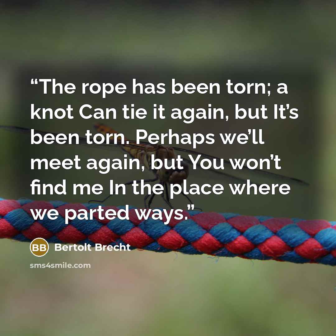 “The rope has been torn; a knot Can tie it again, but It’s been torn. Perhaps we’ll meet again, but You won’t find me In the place where we parted ways.” quote by Bertolt Brecht