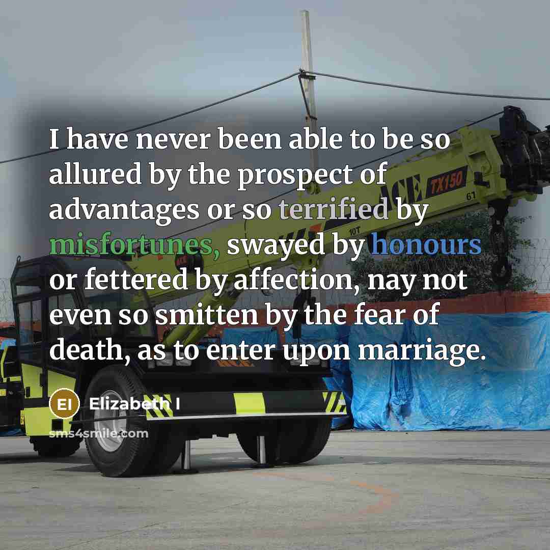 “I have never been able to be so allured by the prospect of advantages or so terrified by misfortunes, swayed by honours or fettered by affection, nay not even so smitten by the fear of death, as to enter upon marriage.” quote by Elizabeth I