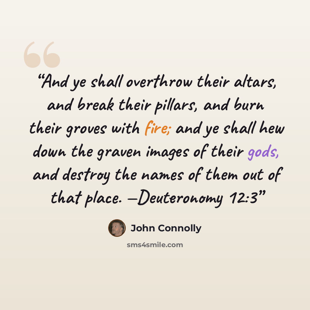 “And ye shall overthrow their altars, and break their pillars, and burn their groves with fire; and ye shall hew down the graven images of their gods, and destroy the names of them out of that place. —Deuteronomy 12:3” quote by John Connolly