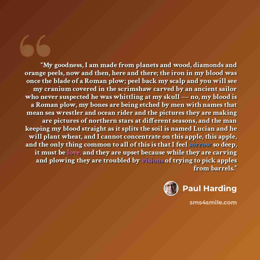 “My goodness, I am made from planets and wood, diamonds and orange peels, now and then, here and there; the iron in my blood was once the blade of a Roman plow; peel back my scalp and you will see my cranium covered in the scrimshaw carved by an ancient sailor who never suspected he was whittling…” quote by Paul Harding