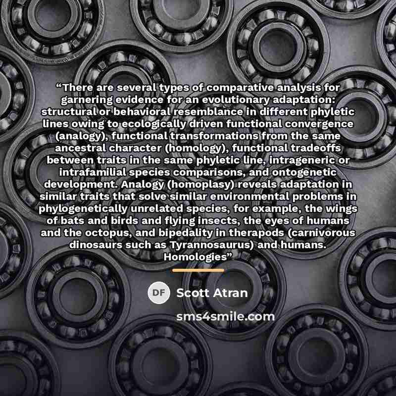 “There are several types of comparative analysis for garnering evidence for an evolutionary adaptation: structural or behavioral resemblance in different phyletic lines owing to ecologically driven functional convergence (analogy), functional transformations from the same ancestral character…” quote by Scott Atran