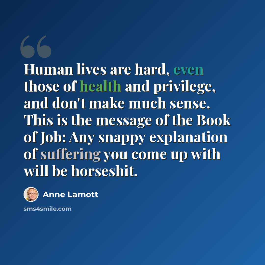 “Human lives are hard, even those of health and privilege, and don't make much sense. This is the message of the Book of Job: Any snappy explanation of suffering you come up with will be horseshit.” quote by Anne Lamott