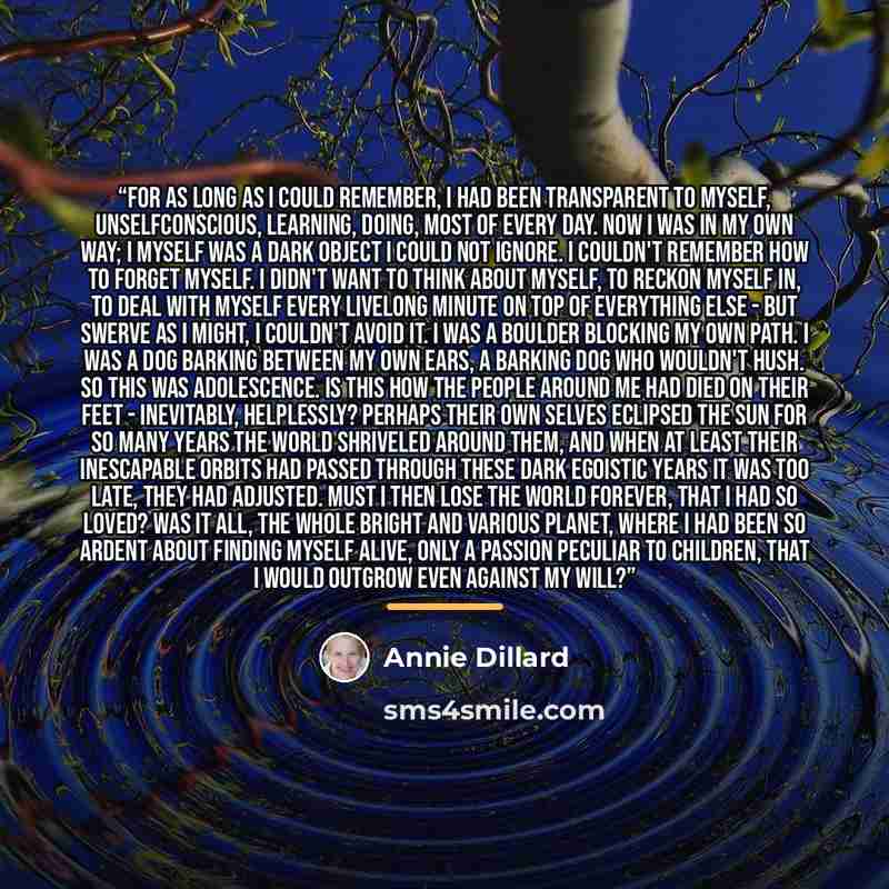 “For as long as I could remember, I had been transparent to myself, unselfconscious, learning, doing, most of every day. Now I was in my own way; I myself was a dark object I could not ignore. I couldn't remember how to forget myself. I didn't want to think about myself, to reckon myself in, to…” quote by Annie Dillard