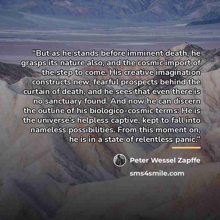 “But as he stands before imminent death, he grasps its nature also, and the cosmic import of the step to come. His creative imagination constructs new, fearful prospects behind the curtain of death, and he sees that even there is no sanctuary found. And now he can discern the outline of his…” quote by Peter Wessel Zapffe