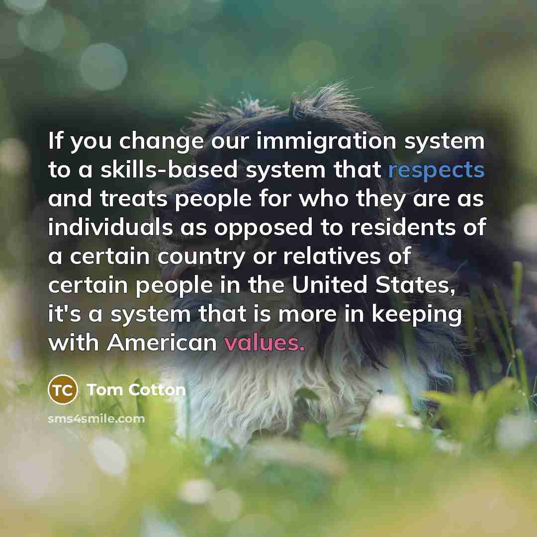“If you change our immigration system to a skills-based system that respects and treats people for who they are as individuals as opposed to residents of a certain country or relatives of certain people in the United States, it's a system that is more in keeping with American values.” quote by Tom Cotton