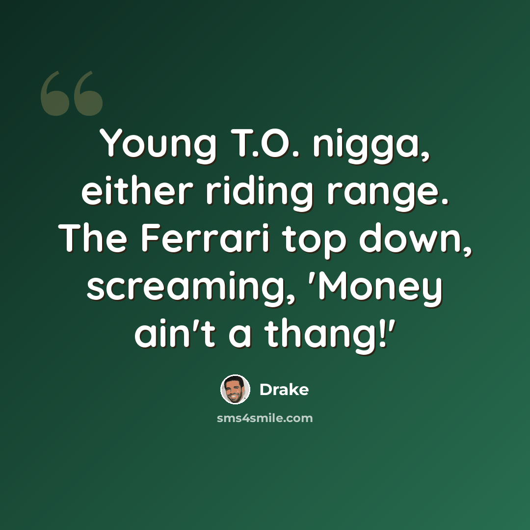 “Young T.O. nigga, either riding range. The Ferrari top down, screaming, 'Money ain't a thang!'” quote by Drake