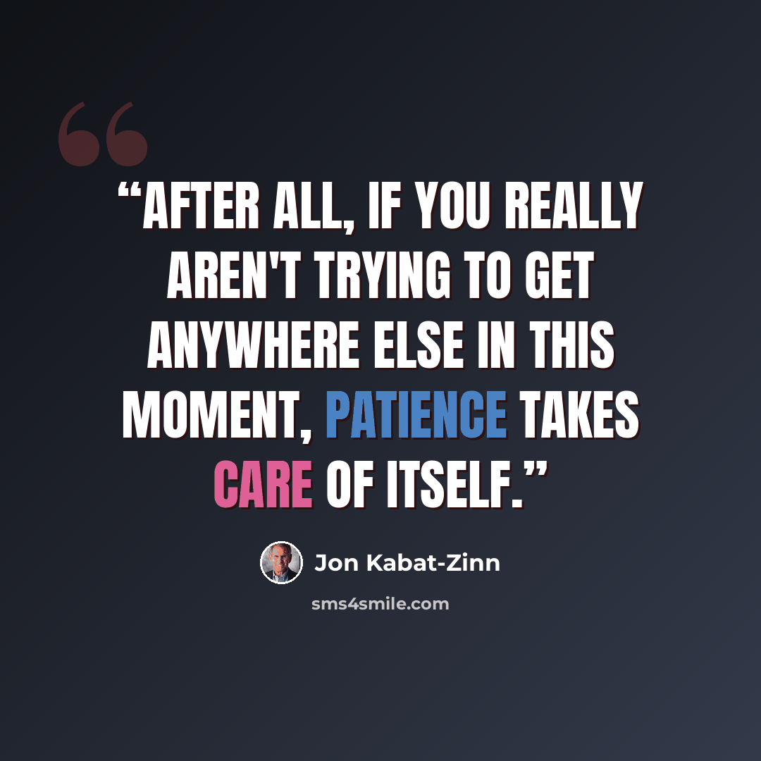 “After all, if you really aren't trying to get anywhere else in this moment, patience takes care of itself.” quote by Jon Kabat-Zinn