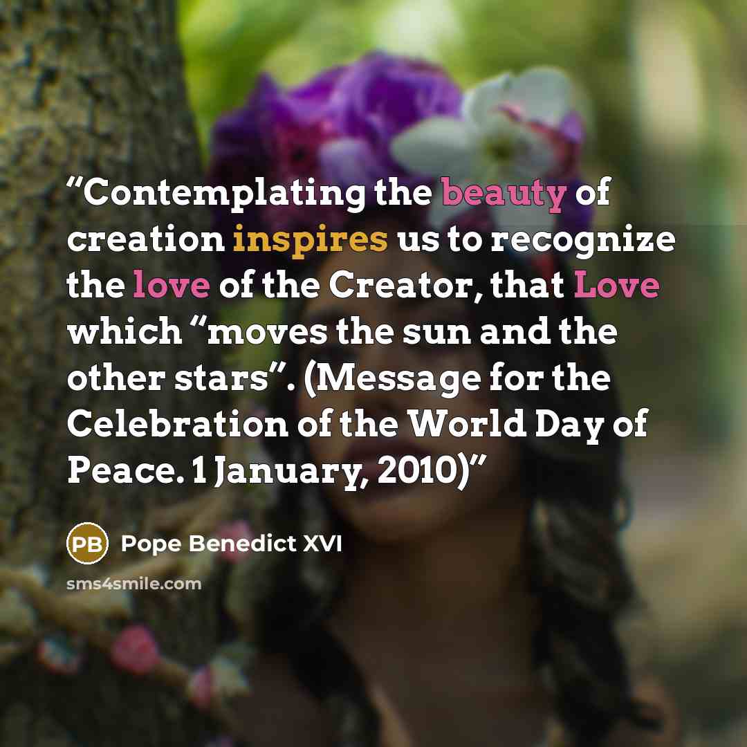 “Contemplating the beauty of creation inspires us to recognize the love of the Creator, that Love which “moves the sun and the other stars”. (Message for the Celebration of the World Day of Peace. 1 January, 2010)” quote by Pope Benedict XVI