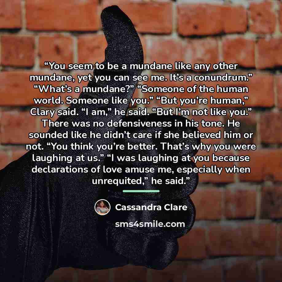 “You seem to be a mundane like any other mundane, yet you can see me. It’s a conundrum.” “What’s a mundane?” “Someone of the human world. Someone like you.” “But you’re human,” Clary said. “I am,” he said. “But I’m not like you.” There was no defensiveness in his tone. He sounded like he didn’t…” quote by Cassandra Clare