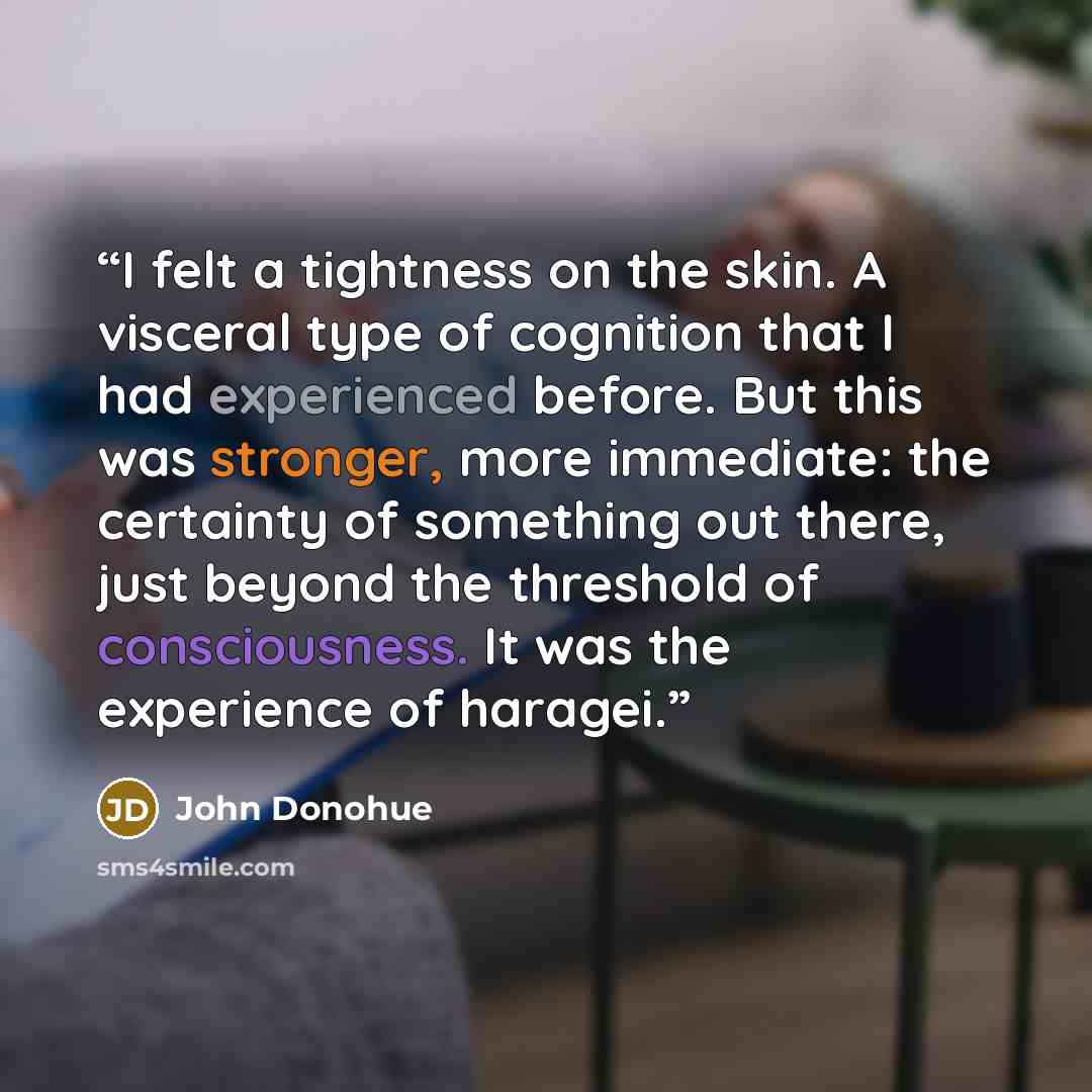 “I felt a tightness on the skin. A visceral type of cognition that I had experienced before. But this was stronger, more immediate: the certainty of something out there, just beyond the threshold of consciousness. It was the experience of haragei.” quote by John Donohue