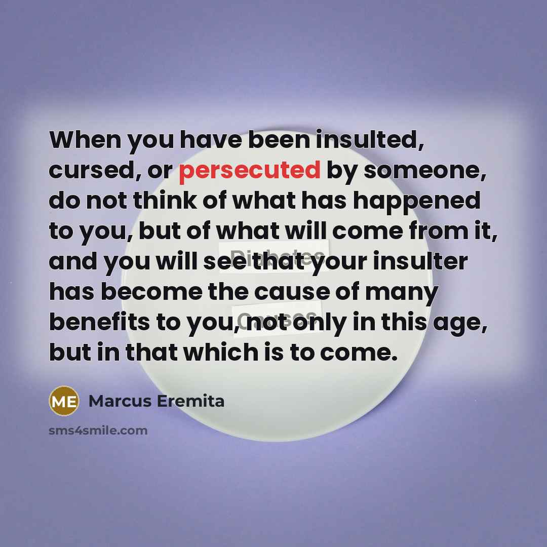 “When you have been insulted, cursed, or persecuted by someone, do not think of what has happened to you, but of what will come from it, and you will see that your insulter has become the cause of many benefits to you, not only in this age, but in that which is to come.” quote by Marcus Eremita