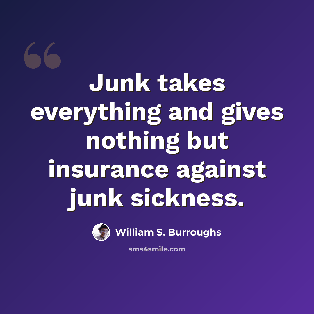 “Junk takes everything and gives nothing but insurance against junk sickness.” quote by William S. Burroughs