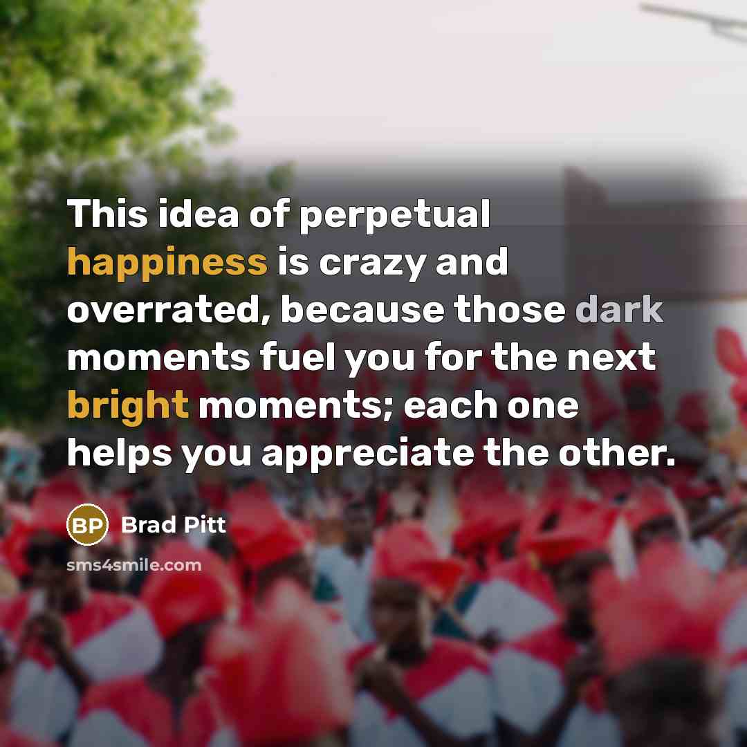 “This idea of perpetual happiness is crazy and overrated, because those dark moments fuel you for the next bright moments; each one helps you appreciate the other.” quote by Brad Pitt