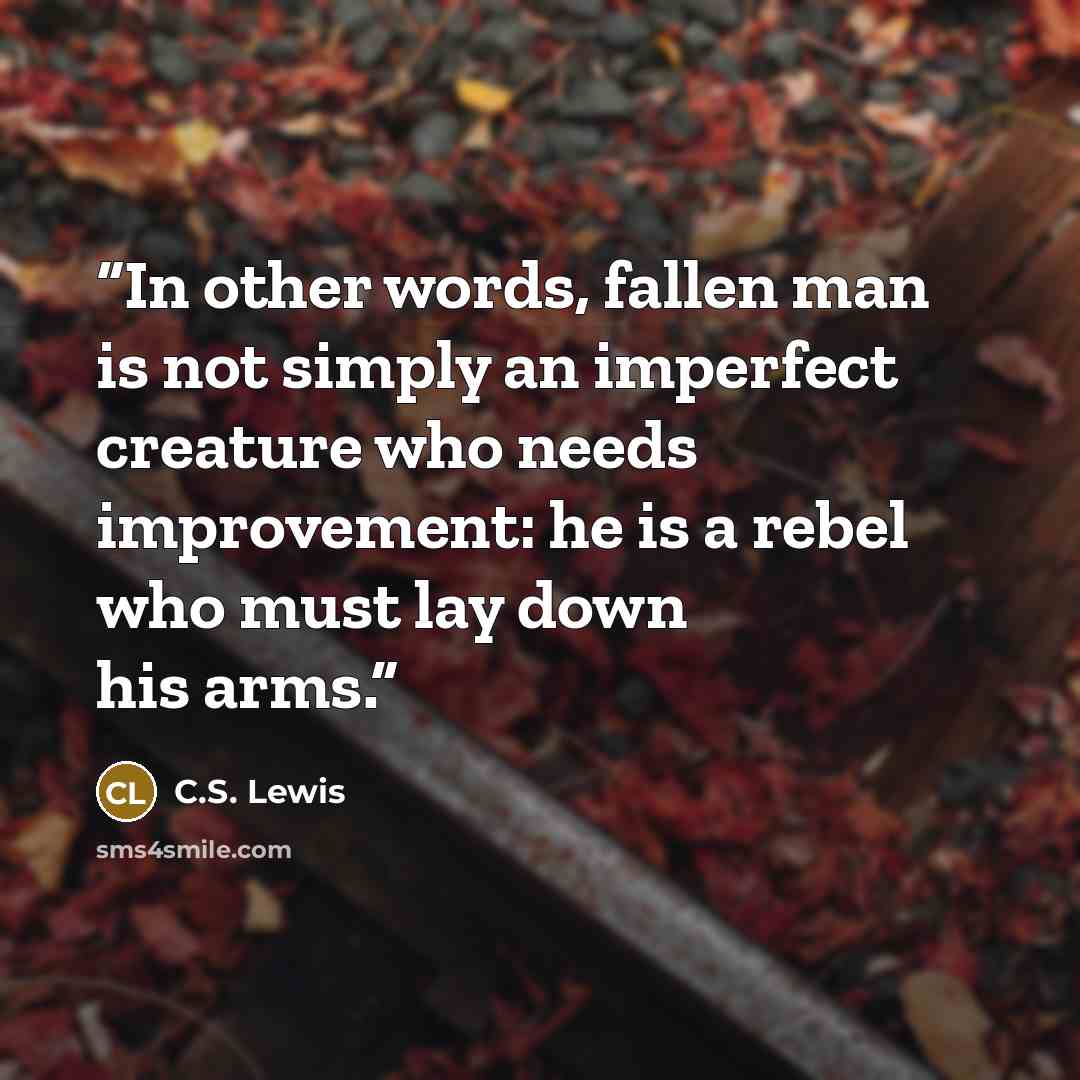 “In other words, fallen man is not simply an imperfect creature who needs improvement: he is a rebel who must lay down his arms.” quote by C.S. Lewis
