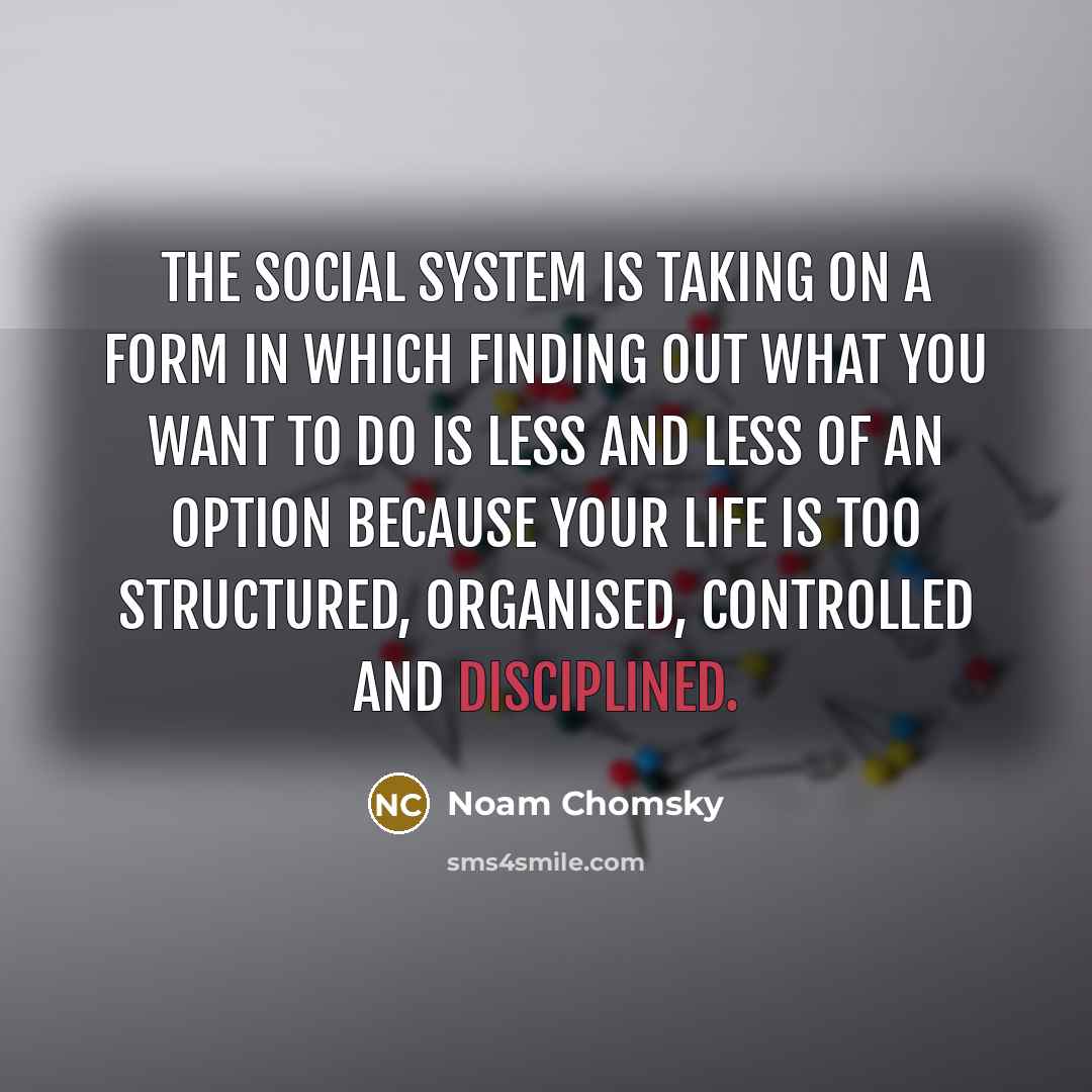 “The social system is taking on a form in which finding out what you want to do is less and less of an option because your life is too structured, organised, controlled and disciplined.” quote by Noam Chomsky
