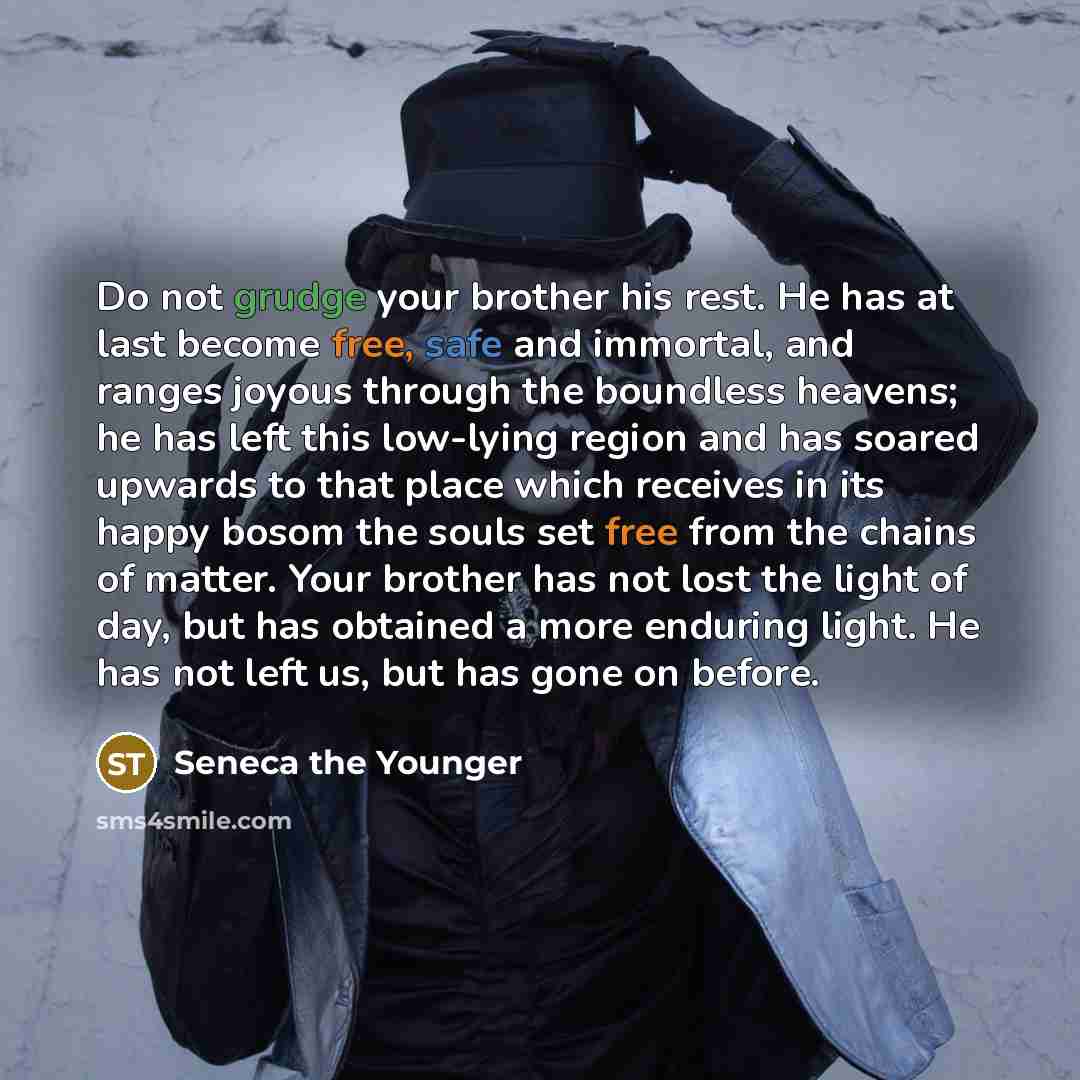 “Do not grudge your brother his rest. He has at last become free, safe and immortal, and ranges joyous through the boundless heavens; he has left this low-lying region and has soared upwards to that place which receives in its happy bosom the souls set free from the chains of matter. Your brother…” quote by Seneca the Younger