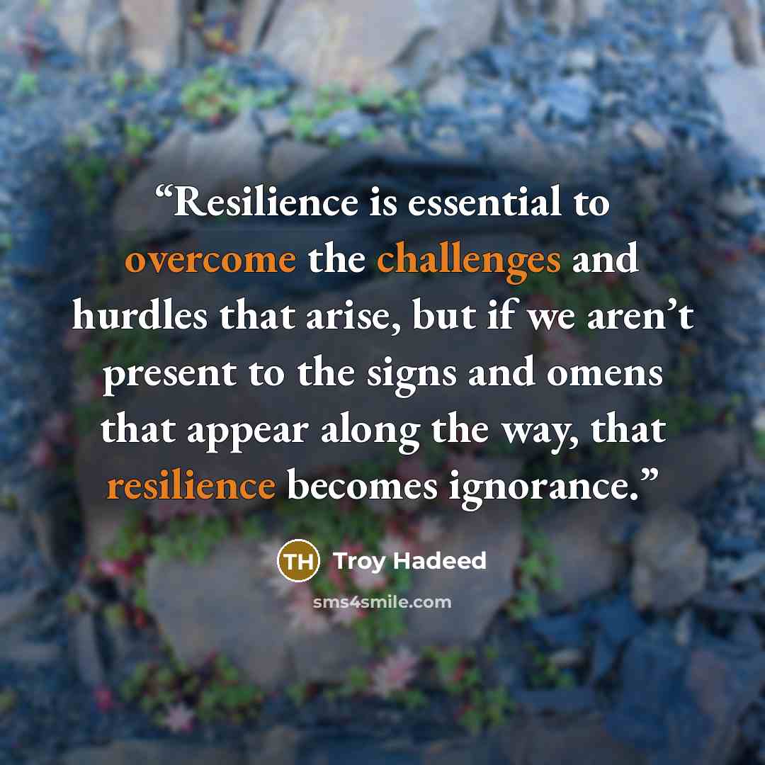 “Resilience is essential to overcome the challenges and hurdles that arise, but if we aren’t present to the signs and omens that appear along the way, that resilience becomes ignorance.” quote by Troy Hadeed
