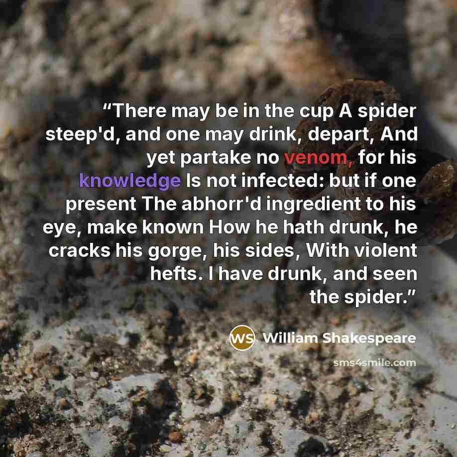 “There may be in the cup A spider steep'd, and one may drink, depart, And yet partake no venom, for his knowledge Is not infected: but if one present The abhorr'd ingredient to his eye, make known How he hath drunk, he cracks his gorge, his sides, With violent hefts. I have drunk, and seen the…” quote by William Shakespeare