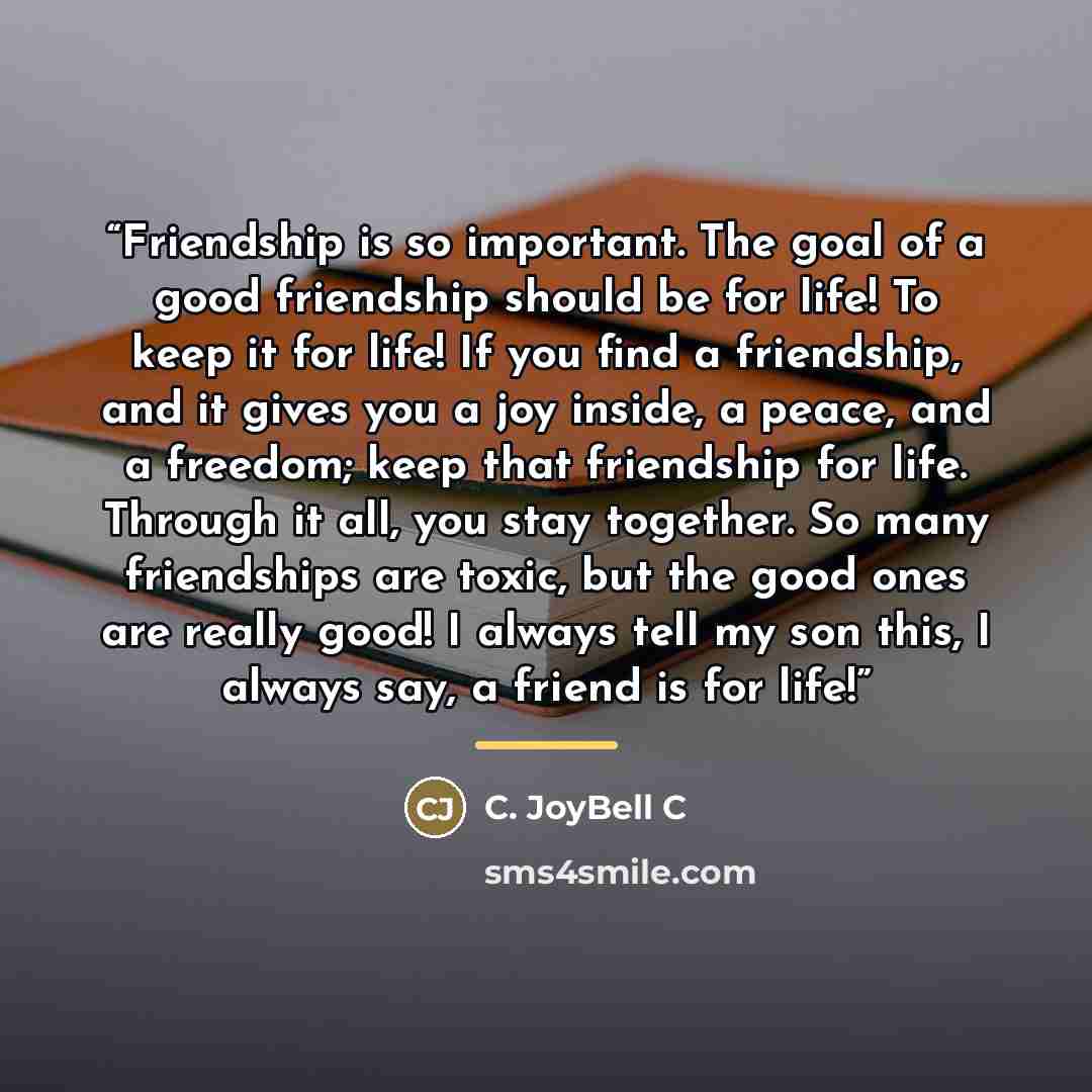 “Friendship is so important. The goal of a good friendship should be for life! To keep it for life! If you find a friendship, and it gives you a joy inside, a peace, and a freedom; keep that friendship for life. Through it all, you stay together. So many friendships are toxic, but the good ones are…” quote by C. JoyBell C