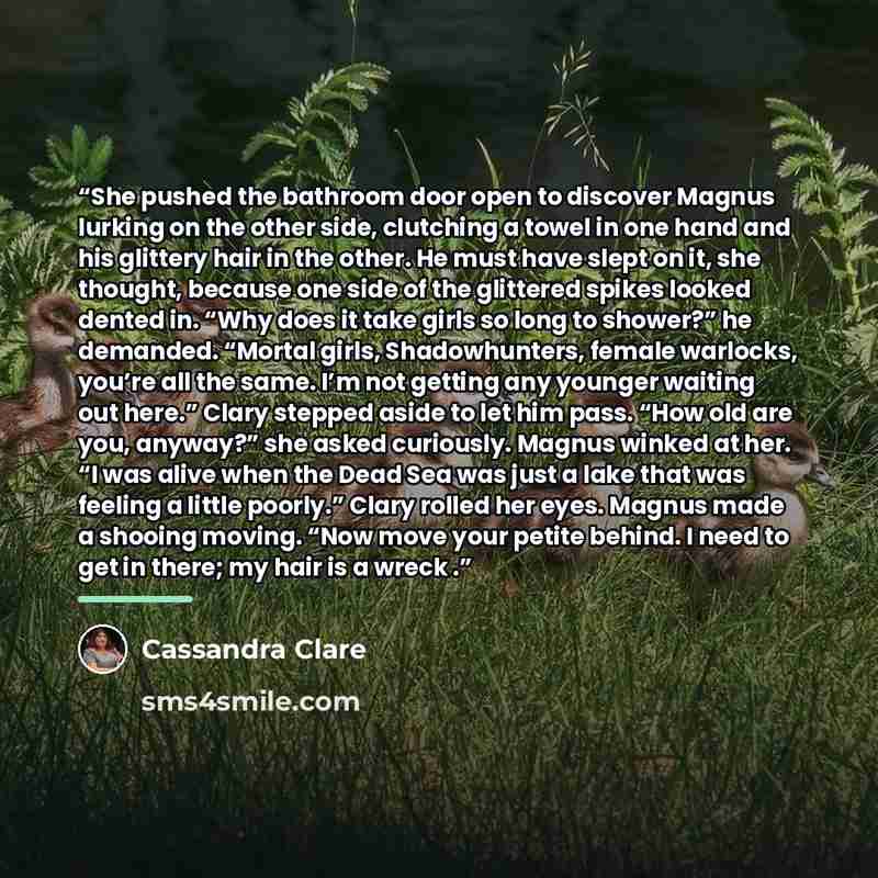 “She pushed the bathroom door open to discover Magnus lurking on the other side, clutching a towel in one hand and his glittery hair in the other. He must have slept on it, she thought, because one side of the glittered spikes looked dented in. “Why does it take girls so long to shower?” he…” quote by Cassandra Clare