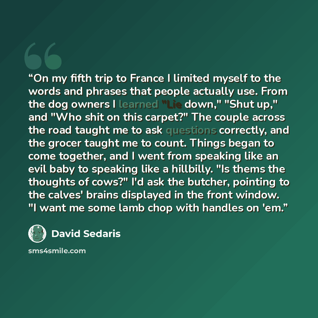 “On my fifth trip to France I limited myself to the words and phrases that people actually use. From the dog owners I learned "Lie down," "Shut up," and "Who shit on this carpet?" The couple across the road taught me to ask questions correctly, and the grocer taught me to count. Things began to…” quote by David Sedaris