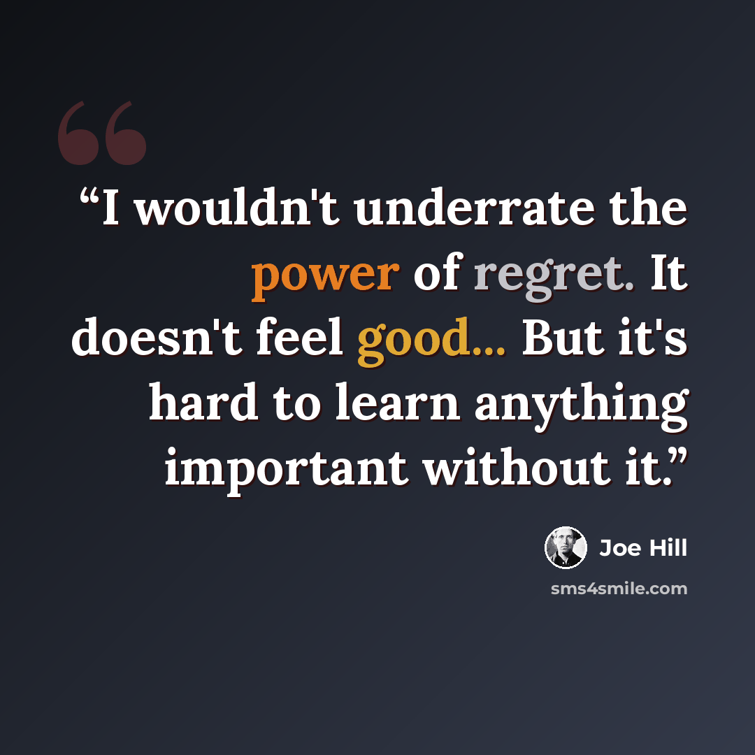 “I wouldn't underrate the power of regret. It doesn't feel good... But it's hard to learn anything important without it.” quote by Joe Hill