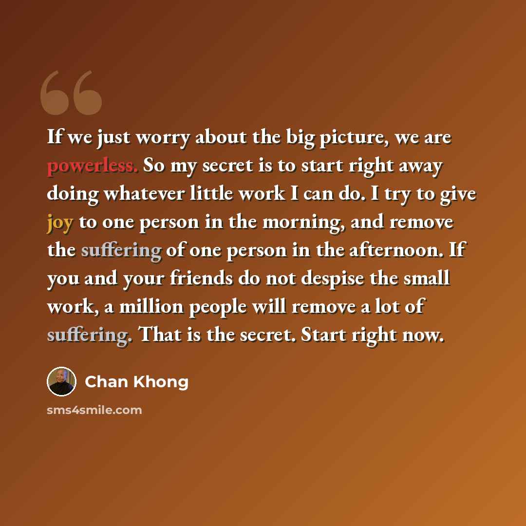 “If we just worry about the big picture, we are powerless. So my secret is to start right away doing whatever little work I can do. I try to give joy to one person in the morning, and remove the suffering of one person in the afternoon. If you and your friends do not despise the small work, a…” quote by Chan Khong