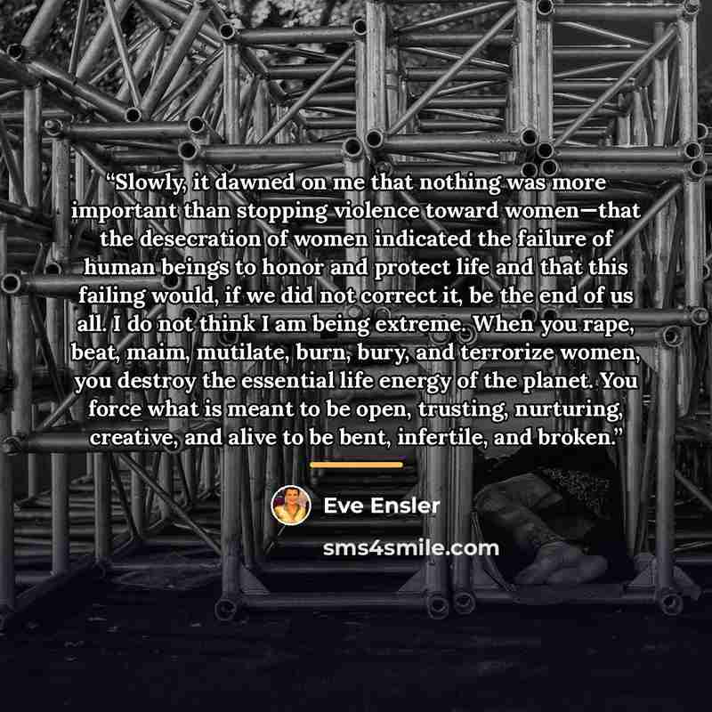 “Slowly, it dawned on me that nothing was more important than stopping violence toward women—that the desecration of women indicated the failure of human beings to honor and protect life and that this failing would, if we did not correct it, be the end of us all. I do not think I am being extreme…” quote by Eve Ensler