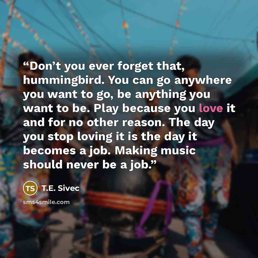 “Don’t you ever forget that, hummingbird. You can go anywhere you want to go, be anything you want to be. Play because you love it and for no other reason. The day you stop loving it is the day it becomes a job. Making music should never be a job.” quote by T.E. Sivec
