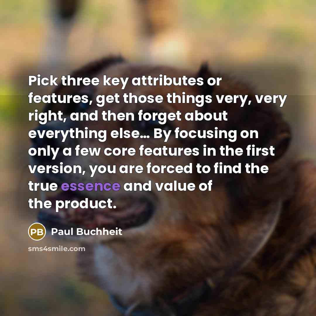 “Pick three key attributes or features, get those things very, very right, and then forget about everything else… By focusing on only a few core features in the first version, you are forced to find the true essence and value of the product.” quote by Paul Buchheit