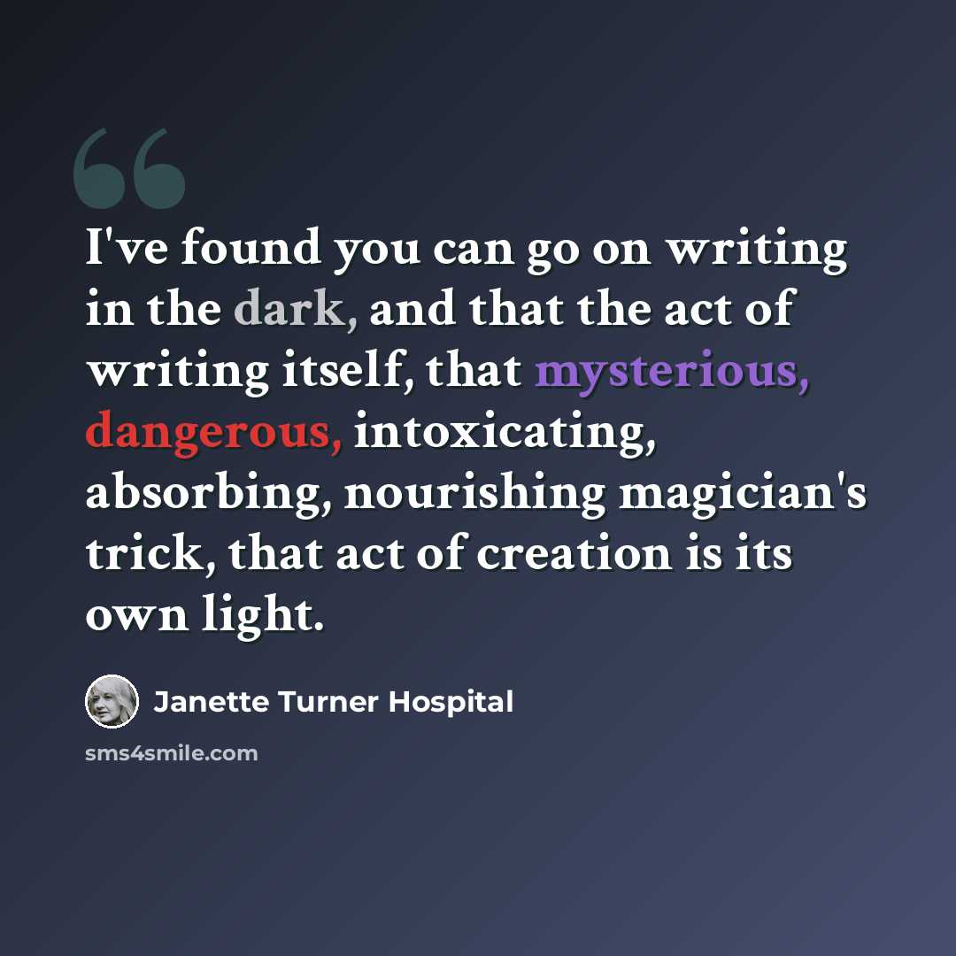 “I've found you can go on writing in the dark, and that the act of writing itself, that mysterious, dangerous, intoxicating, absorbing, nourishing magician's trick, that act of creation is its own light.” quote by Janette Turner Hospital