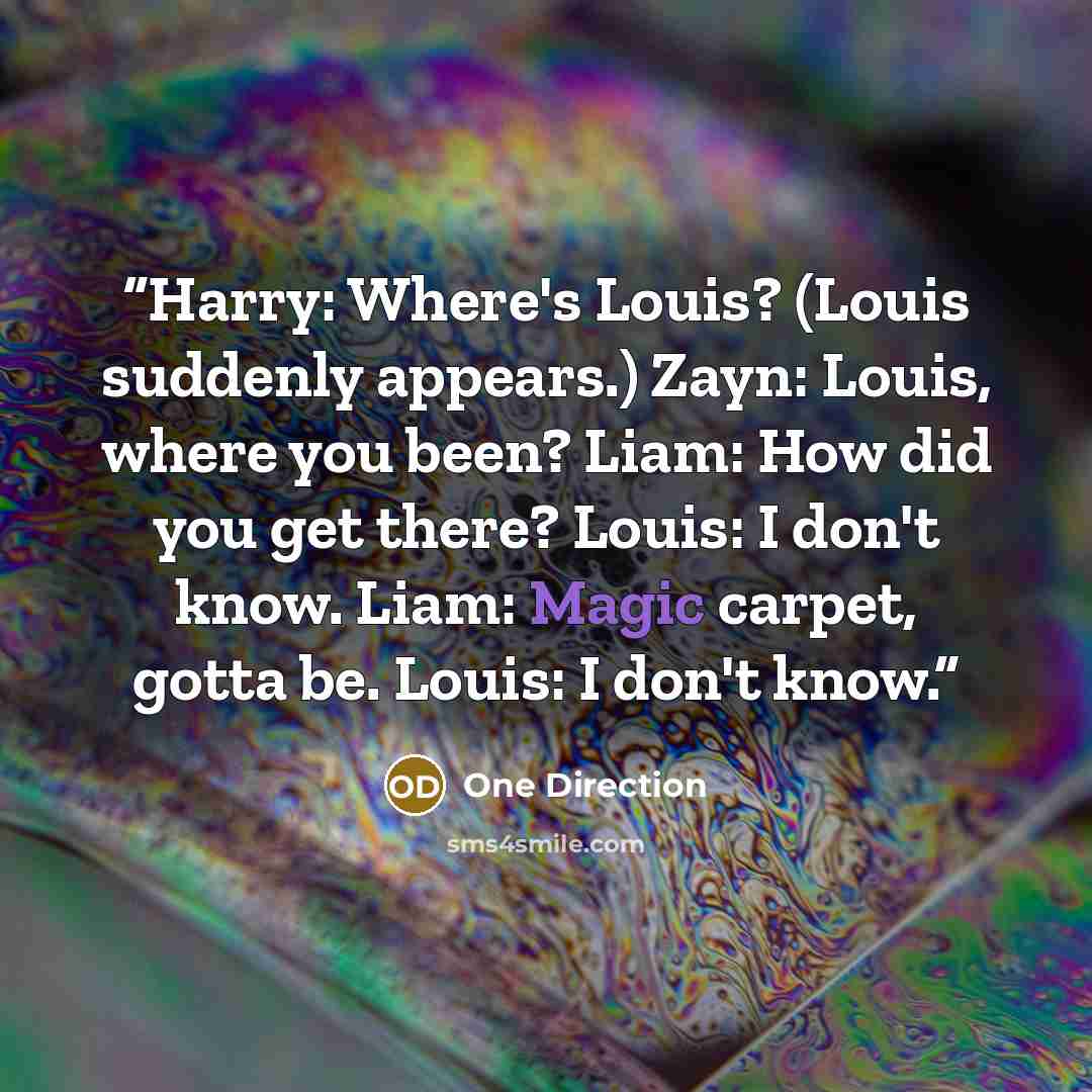 “Harry: Where's Louis? (Louis suddenly appears.) Zayn: Louis, where you been? Liam: How did you get there? Louis: I don't know. Liam: Magic carpet, gotta be. Louis: I don't know.” quote by One Direction