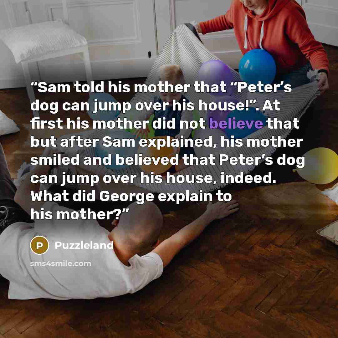 “Sam told his mother that “Peter’s dog can jump over his house!”. At first his mother did not believe that but after Sam explained, his mother smiled and believed that Peter’s dog can jump over his house, indeed. What did George explain to his mother?” quote by Puzzleland