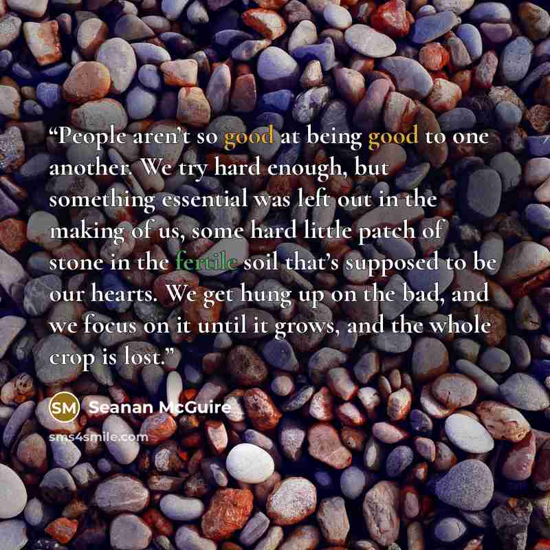 “People aren’t so good at being good to one another. We try hard enough, but something essential was left out in the making of us, some hard little patch of stone in the fertile soil that’s supposed to be our hearts. We get hung up on the bad, and we focus on it until it grows, and the whole crop…” quote by Seanan McGuire