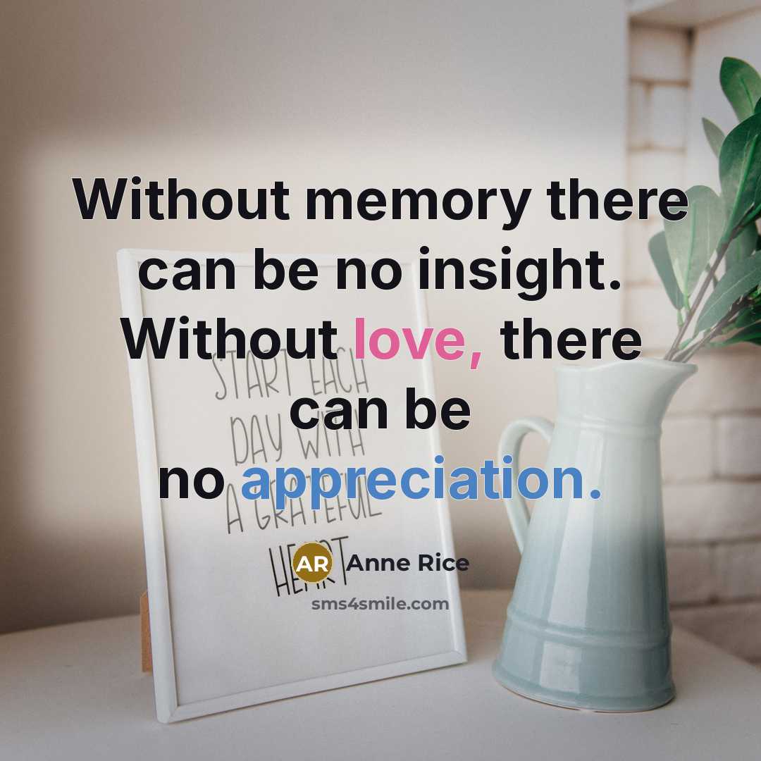 “Without memory there can be no insight. Without love, there can be no appreciation.” quote by Anne Rice