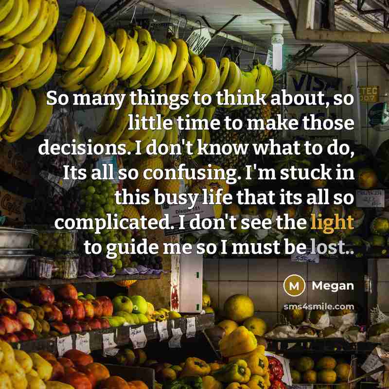 “So many things to think about, so little time to make those decisions. I don't know what to do, Its all so confusing. I'm stuck in this busy life that its all so complicated. I don't see the light to guide me so I must be lost..” quote by Megan