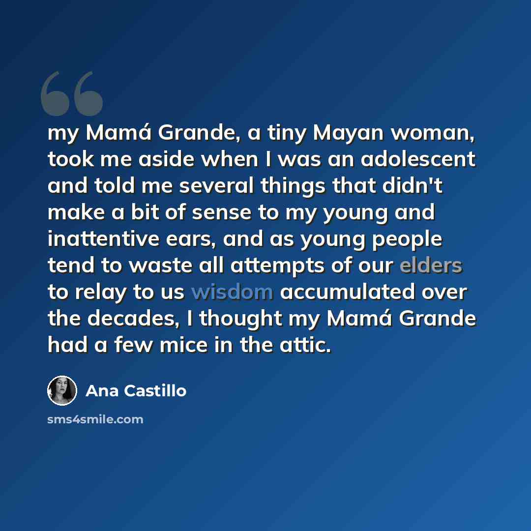 “my Mamá Grande, a tiny Mayan woman, took me aside when I was an adolescent and told me several things that didn't make a bit of sense to my young and inattentive ears, and as young people tend to waste all attempts of our elders to relay to us wisdom accumulated over the decades, I thought my Mamá…” quote by Ana Castillo