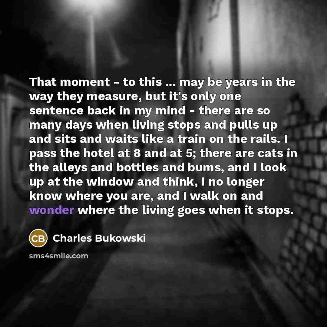 “That moment - to this ... may be years in the way they measure, but it's only one sentence back in my mind - there are so many days when living stops and pulls up and sits and waits like a train on the rails. I pass the hotel at 8 and at 5; there are cats in the alleys and bottles and bums, and I…” quote by Charles Bukowski