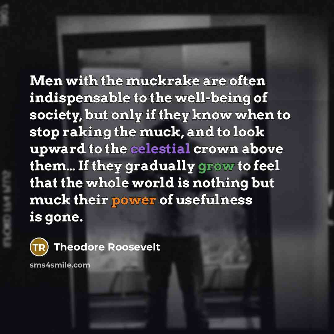 “Men with the muckrake are often indispensable to the well-being of society, but only if they know when to stop raking the muck, and to look upward to the celestial crown above them… If they gradually grow to feel that the whole world is nothing but muck their power of usefulness is gone.” quote by Theodore Roosevelt