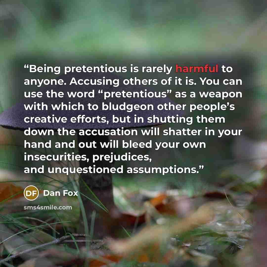 “Being pretentious is rarely harmful to anyone. Accusing others of it is. You can use the word “pretentious” as a weapon with which to bludgeon other people’s creative efforts, but in shutting them down the accusation will shatter in your hand and out will bleed your own insecurities, prejudices…” quote by Dan Fox